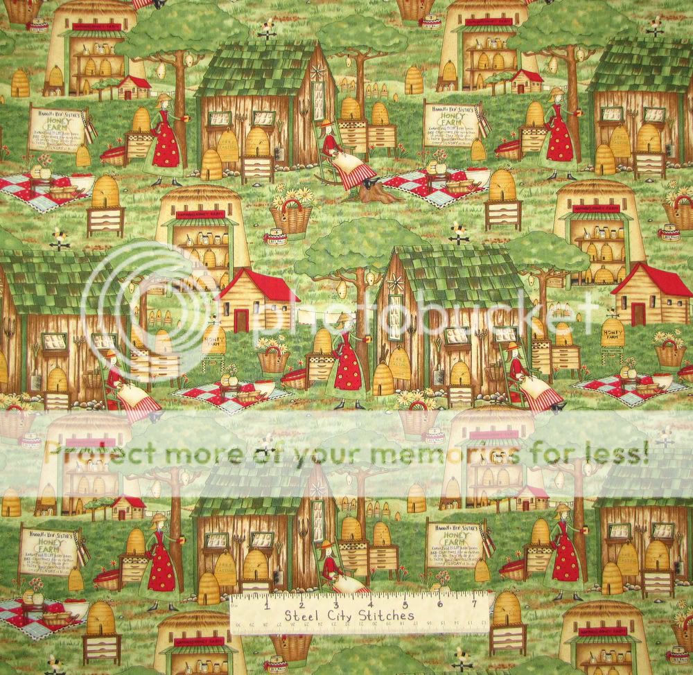 This cotton fabric is a novelty print with bee keepers, hives, honey 